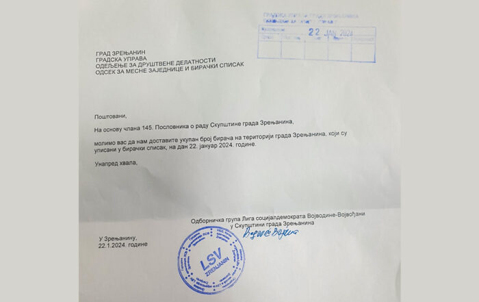 dopis odborničke grupe LSV-Vojvođani u Skupštini grada Zrenjanina