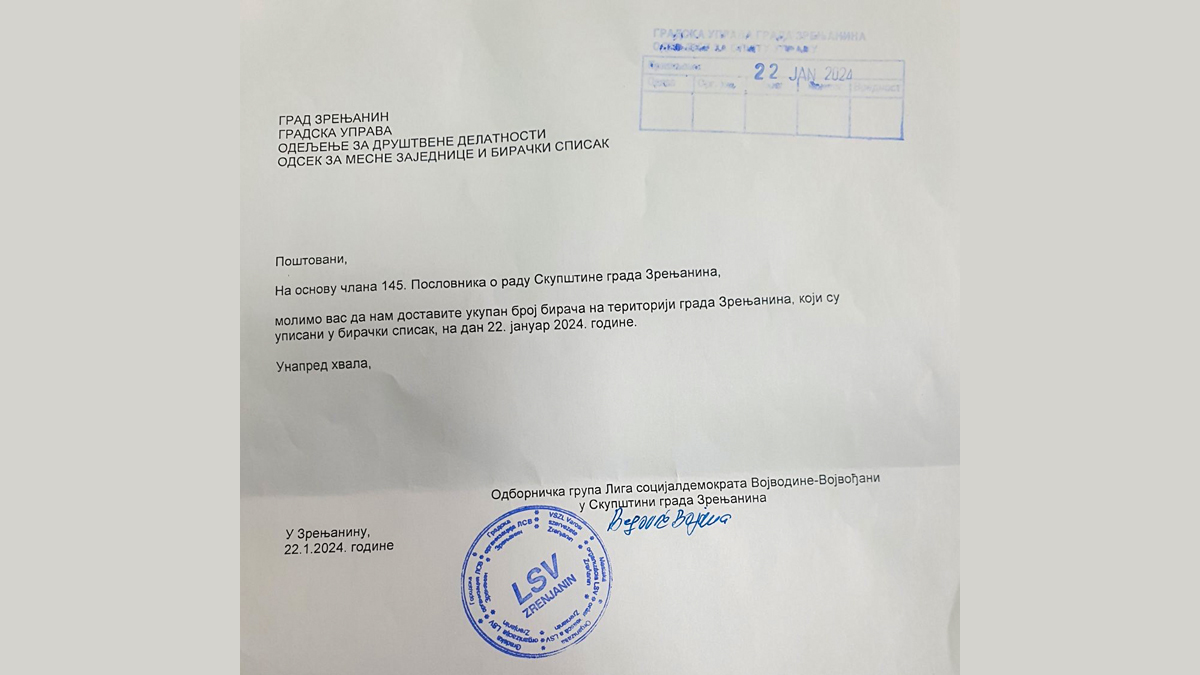 dopis odborničke grupe LSV-Vojvođani u Skupštini grada Zrenjanina